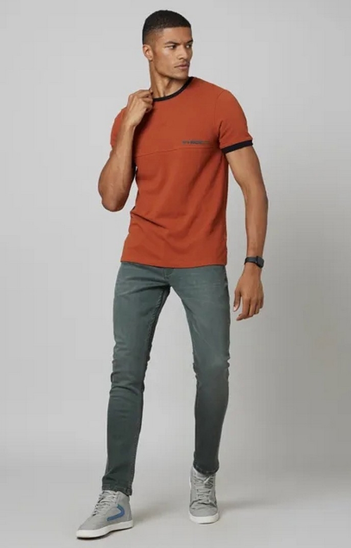 Men's Orange Cotton Solid T-Shirt