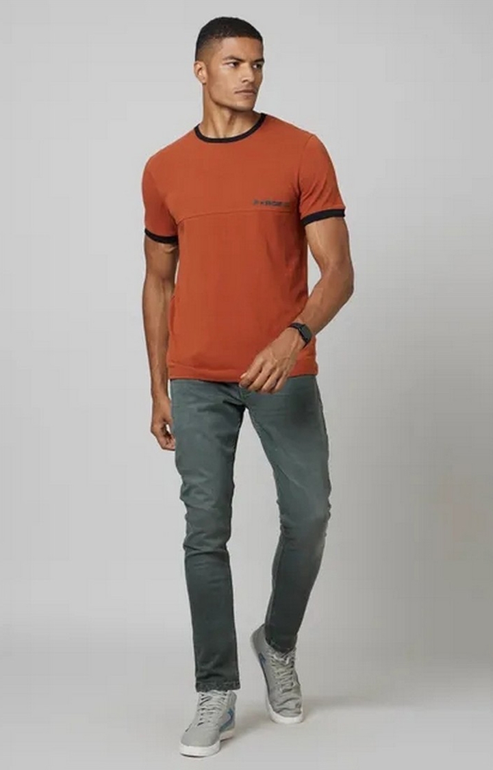 Men's Orange Cotton Solid T-Shirt