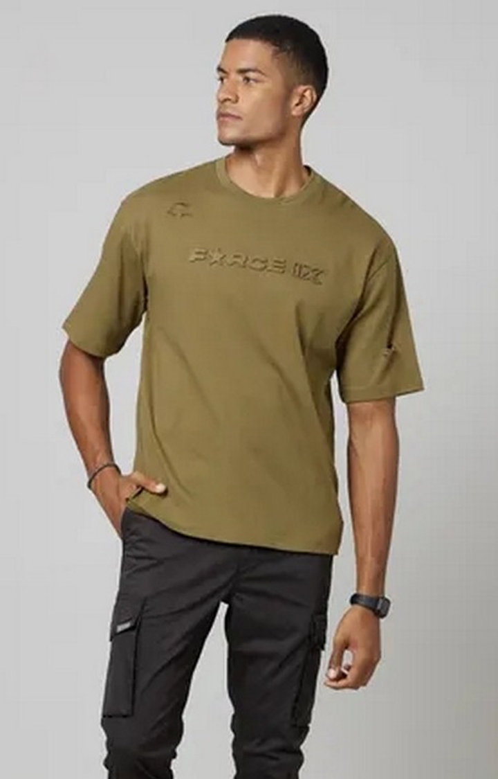 FORCE IX | Men's Olive Green Cotton Typographic Printed T-Shirt