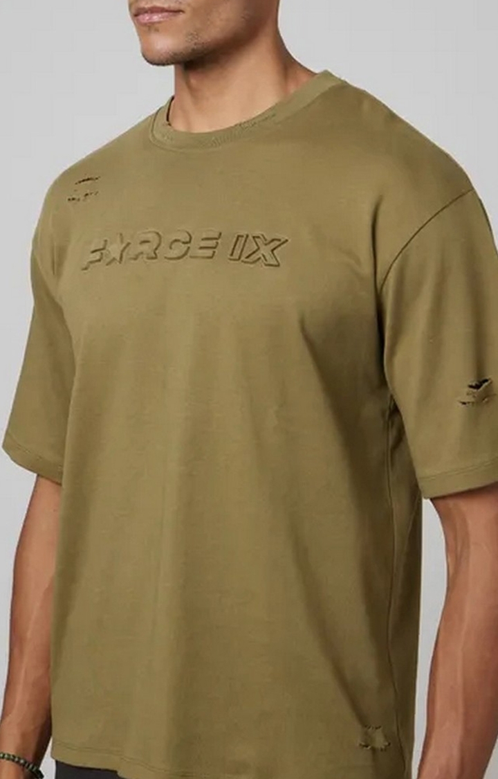Men's Olive Green Cotton Typographic Printed T-Shirt