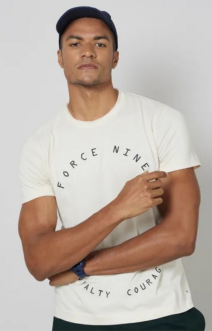 FORCE IX | Men's White Cotton Typographic Printed T-Shirt