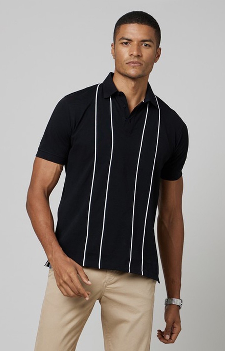 Men's Black Cotton Stripped Polo T-Shirt