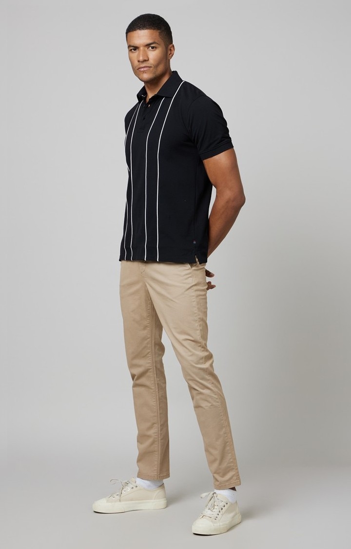 Men's Black Cotton Stripped Polo T-Shirt