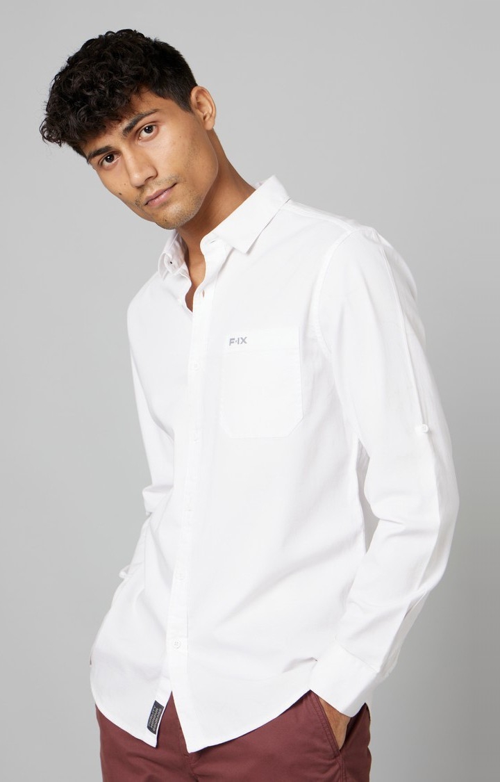 FORCE IX | Men's White Cotton Solid Casual Shirt