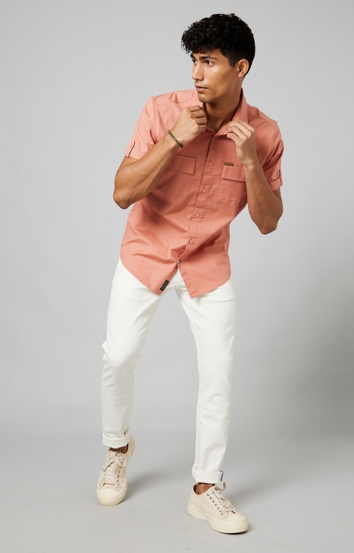 Men's Coral Cotton Solid Casual Shirt