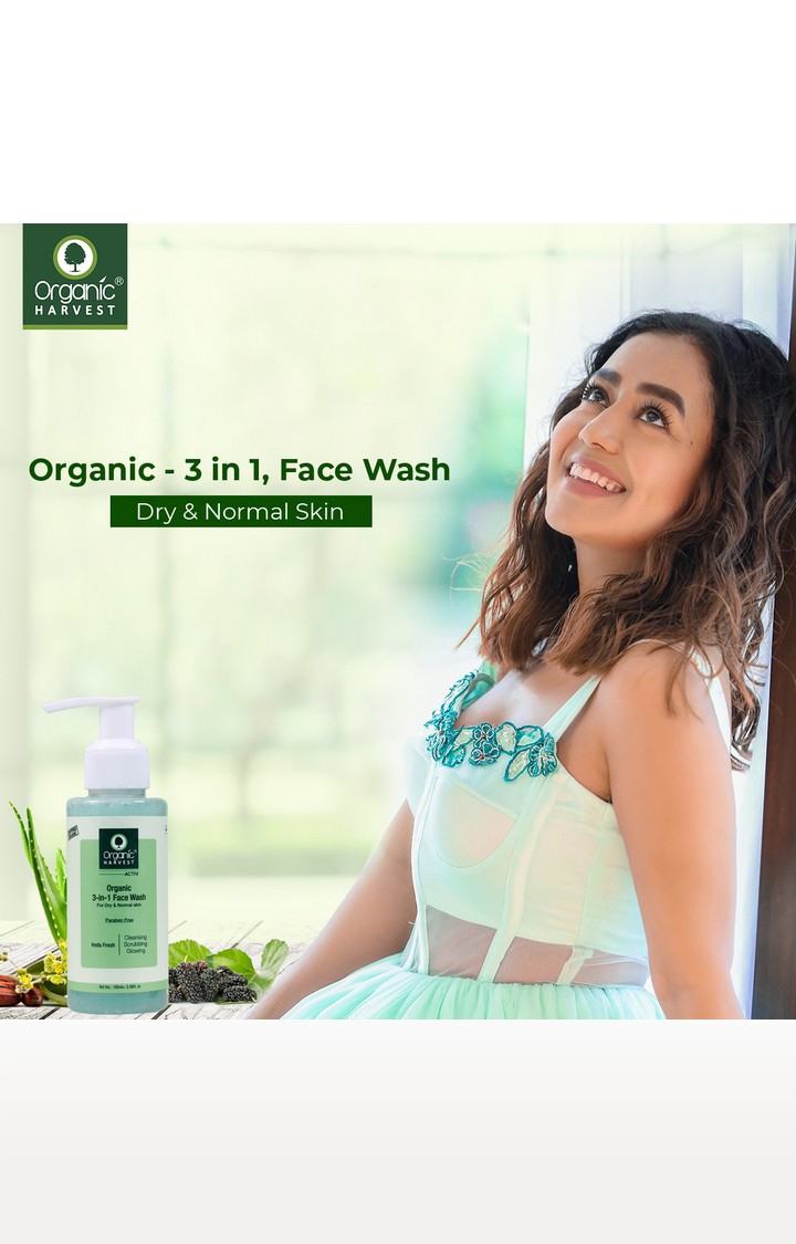 Organic Harvest | Organic Harvest 3-in-1 Face Wash for Dry and Normal Skin, 100 ml, Ideal for Cleansing, Scrubbing, and Glowing Skin, 100% Organic, Sulphate and Paraben Free 1