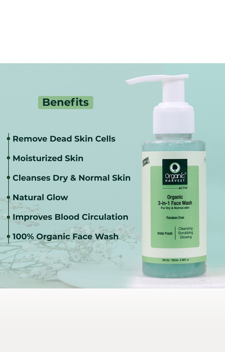 Organic Harvest | Organic Harvest 3-in-1 Face Wash for Dry and Normal Skin, 100 ml, Ideal for Cleansing, Scrubbing, and Glowing Skin, 100% Organic, Sulphate and Paraben Free 2