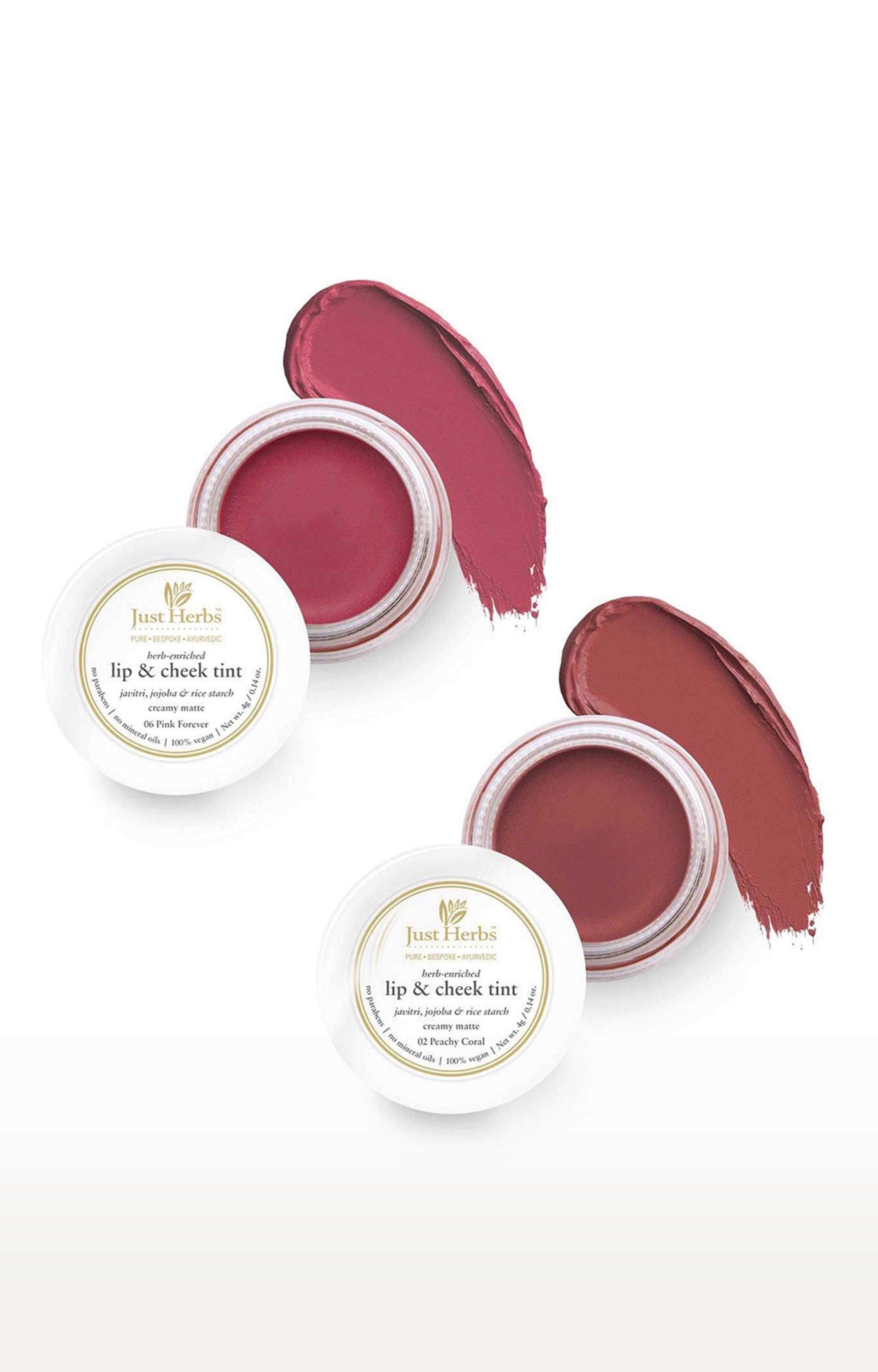 Just Herbs Vegan Lip and Cheek Tint ( Pack of 2): Soft Glam -Peachy Coral and Pink Forever