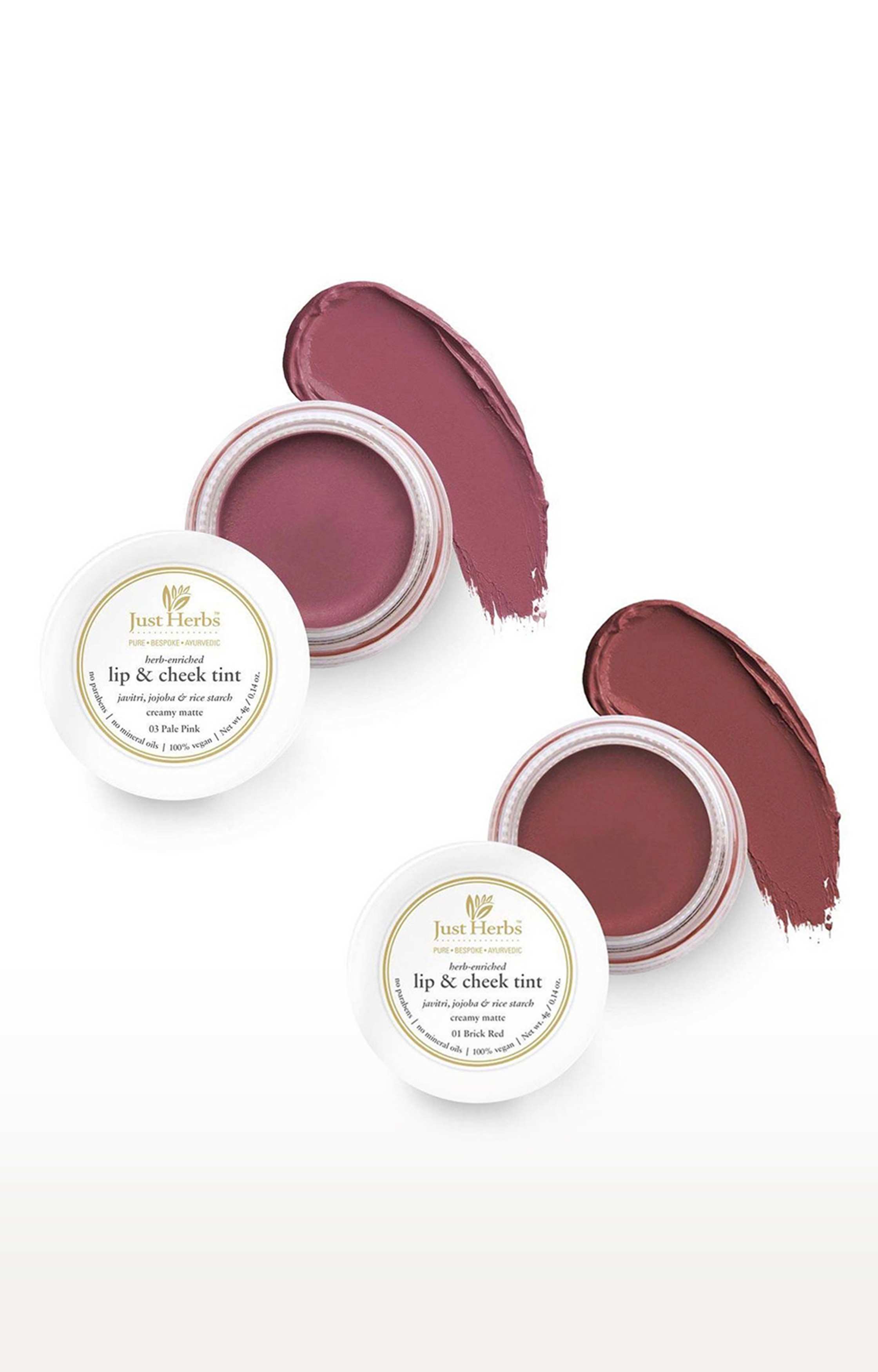 Just Herbs Vegan Lip and Cheek Tint ( Pack of 2): Rosy Lips - Pale Pink and Brick Red