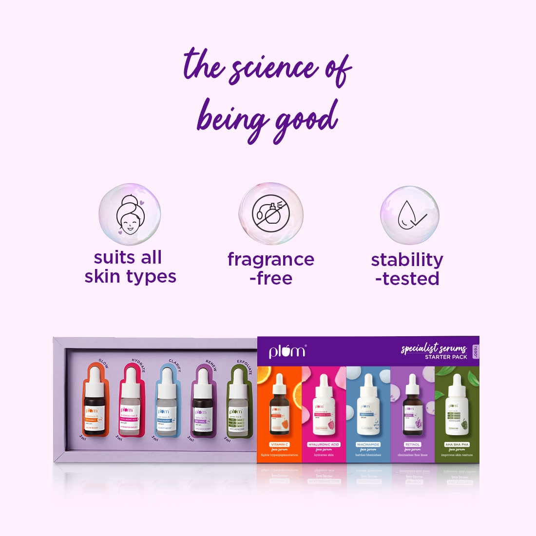Plum Be Good | Specialist Serums - Starter Pack | Set of 3 Mini Serums | Vitamin C, Hyaluronic & Niacinamide |For Glowing, Hydrated, Clear Skin | All Skin Types | Fragrance-Free | 100% Vegan 10