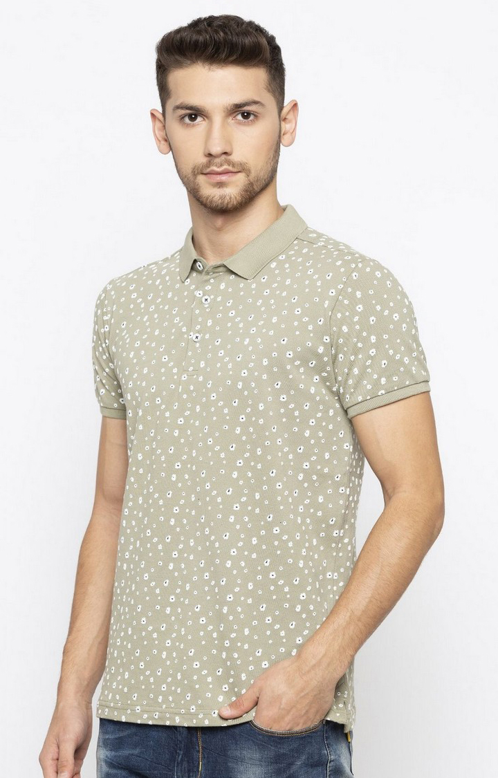Men's Green Cotton Printed Polos
