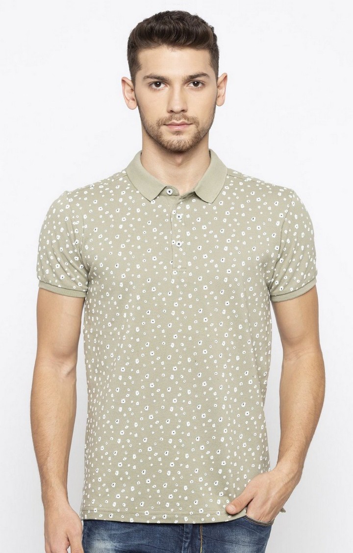 Men's Green Cotton Printed Polos