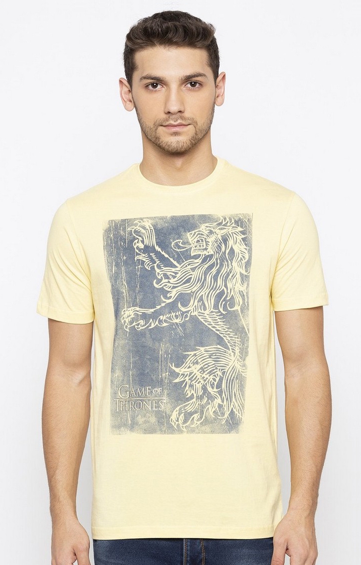 Status Quo | Men's Yellow Cotton Printeded Regular T-Shirt 0
