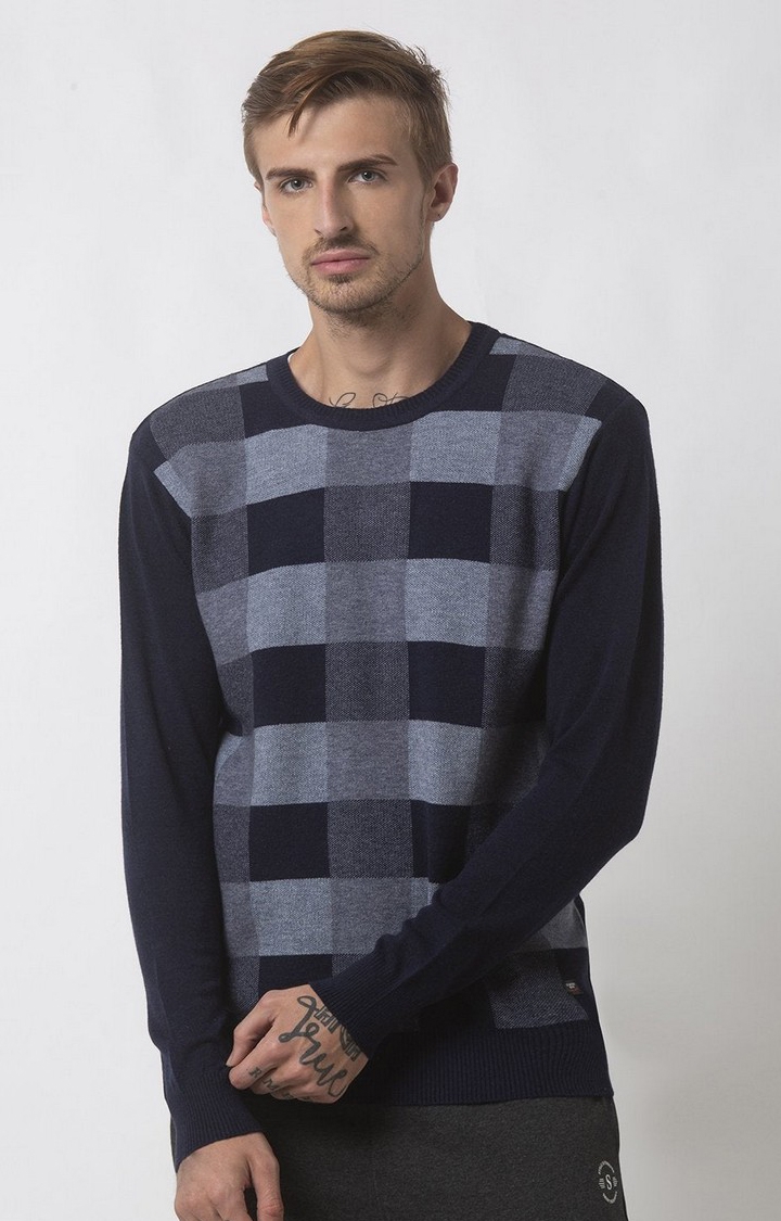 Status Quo | Men's Blue Polycotton Checked Sweaters 0