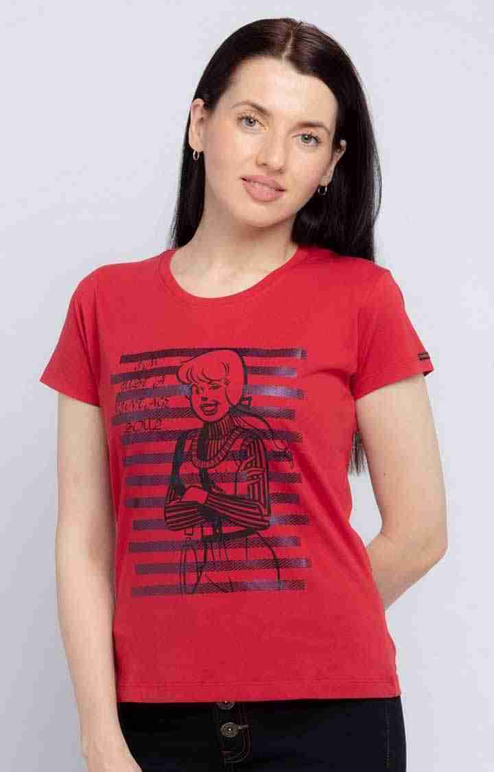 Women's Red Cotton Printeded Regular T-Shirt