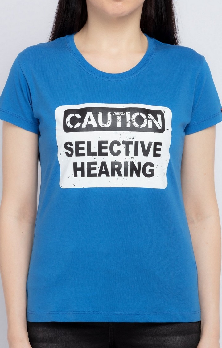 Status Quo | Women's Blue Cotton Typographic Printed Regular T-Shirt 3