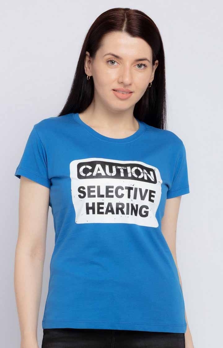 Status Quo | Women's Blue Cotton Typographic Printed Regular T-Shirt 0