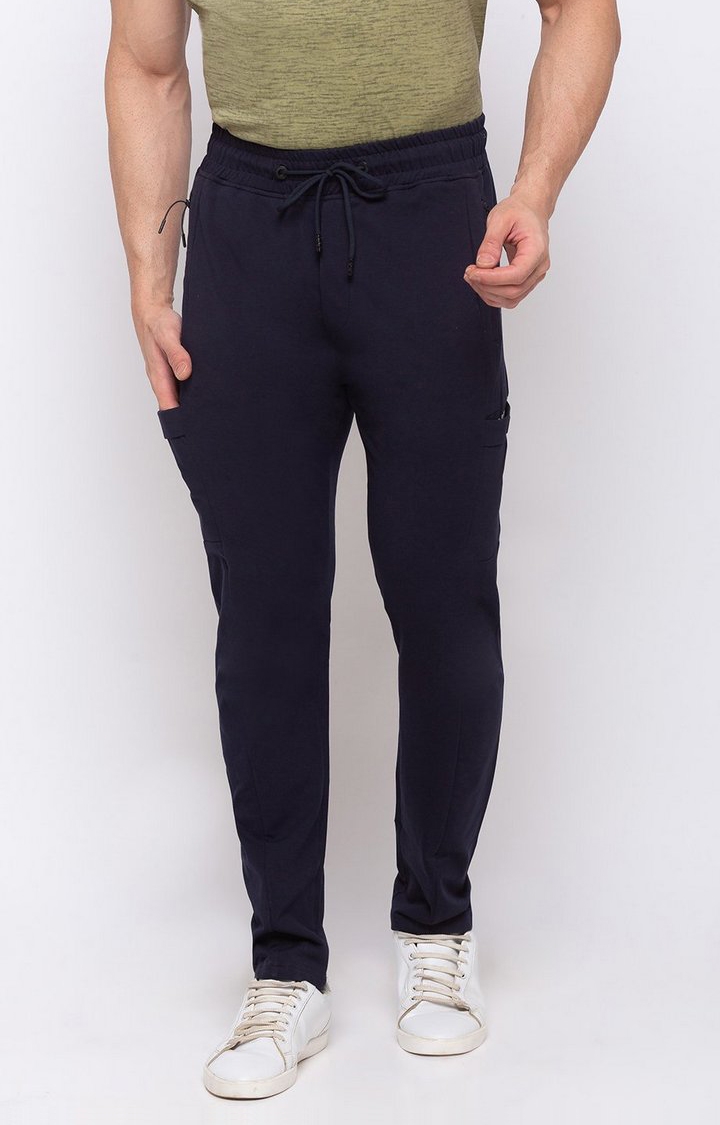 Men's Navy Blue Cotton Solid Trackpant