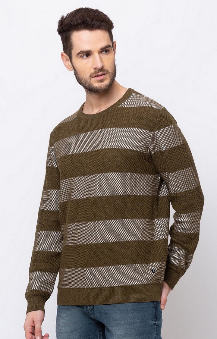 Status Quo | Men's Green Cotton Striped Sweaters 1