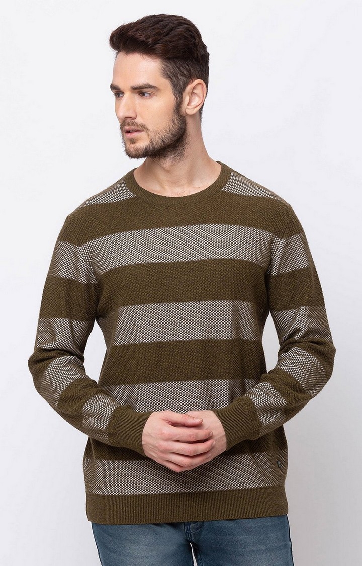 Status Quo | Men's Green Cotton Striped Sweaters 0
