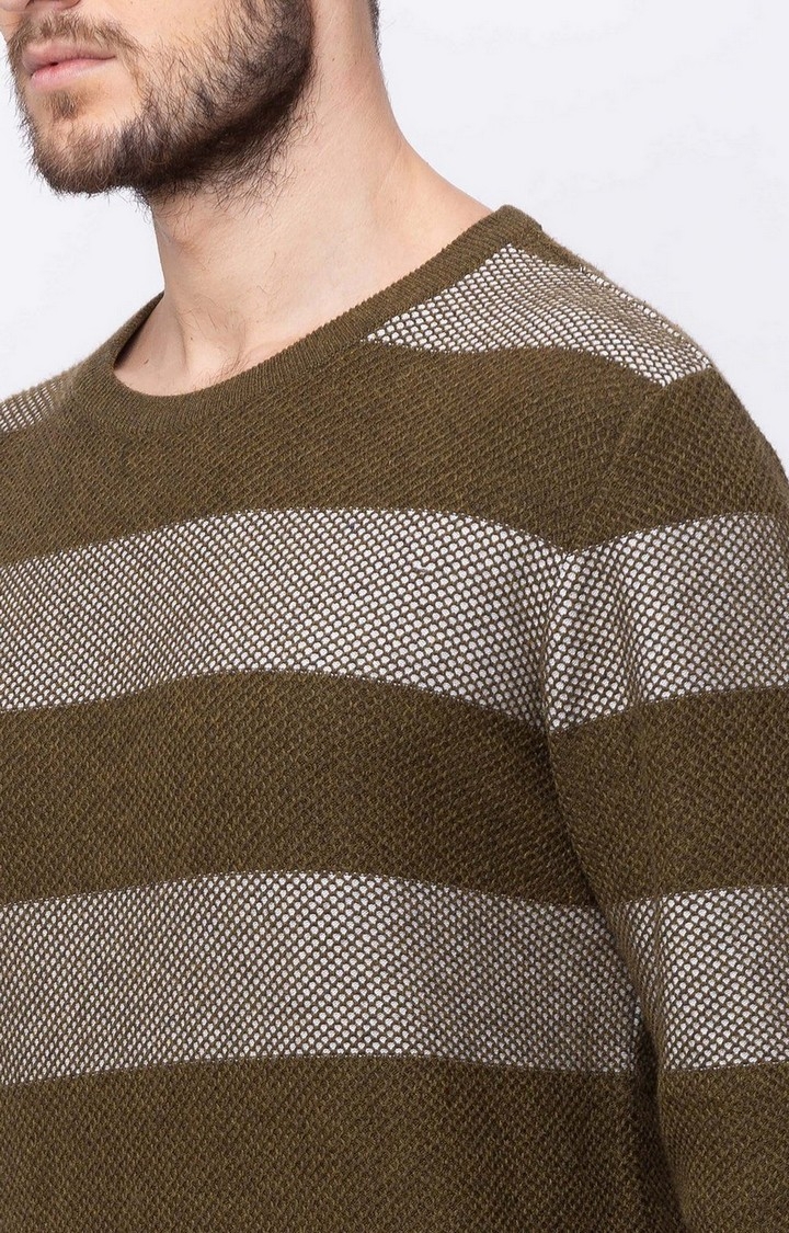 Status Quo | Men's Green Cotton Striped Sweaters 3