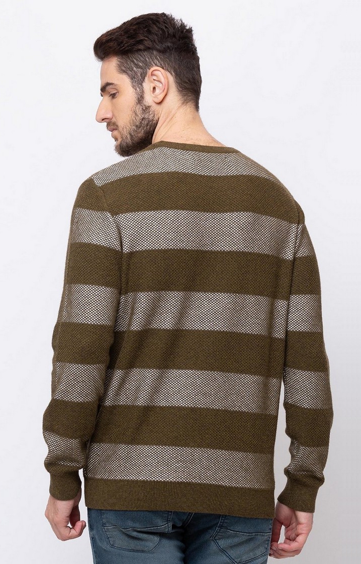 Status Quo | Men's Green Cotton Striped Sweaters 2