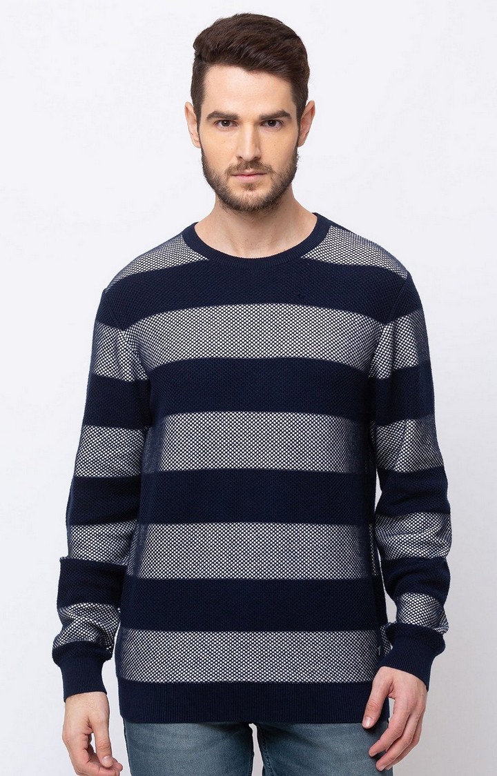 Status Quo | Men's Blue Cotton Striped Sweaters 0