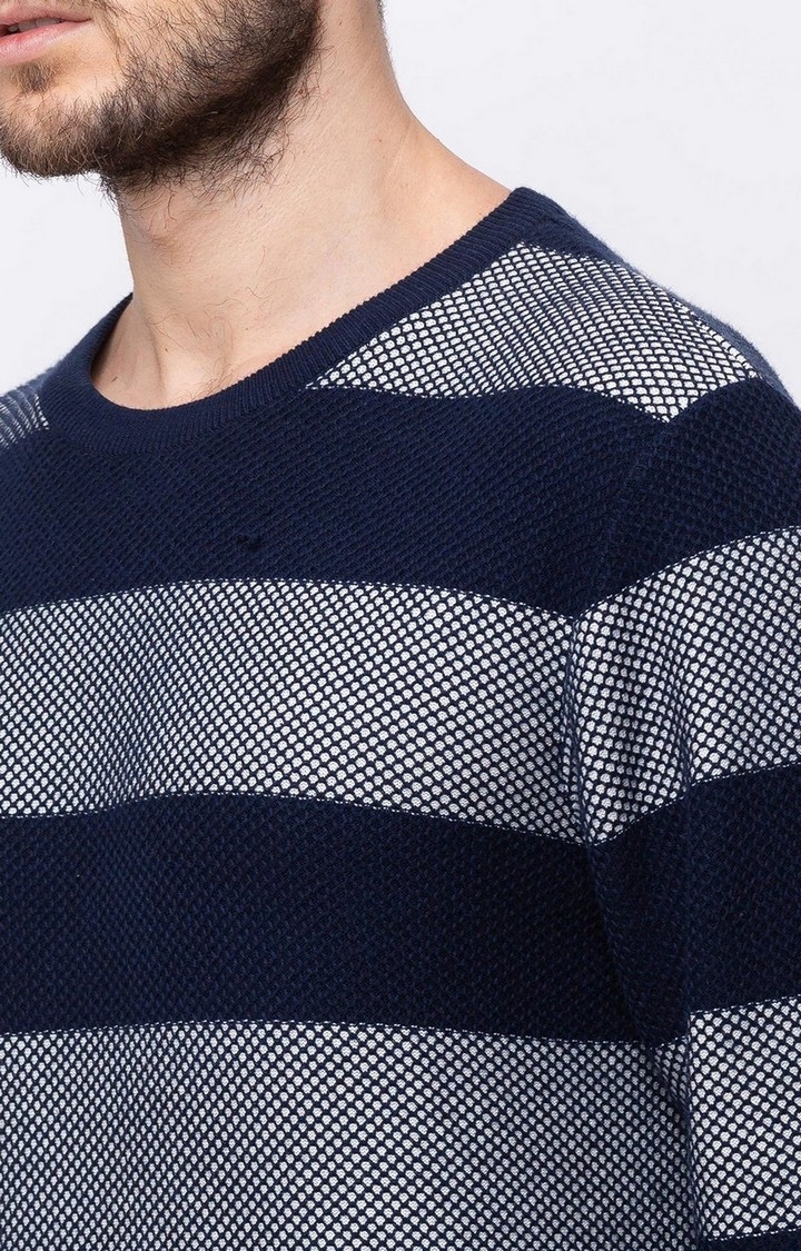 Status Quo | Men's Blue Cotton Striped Sweaters 3