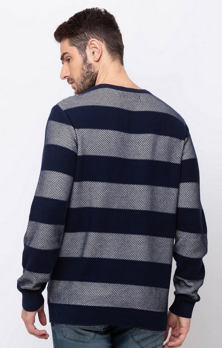 Status Quo | Men's Blue Cotton Striped Sweaters 2