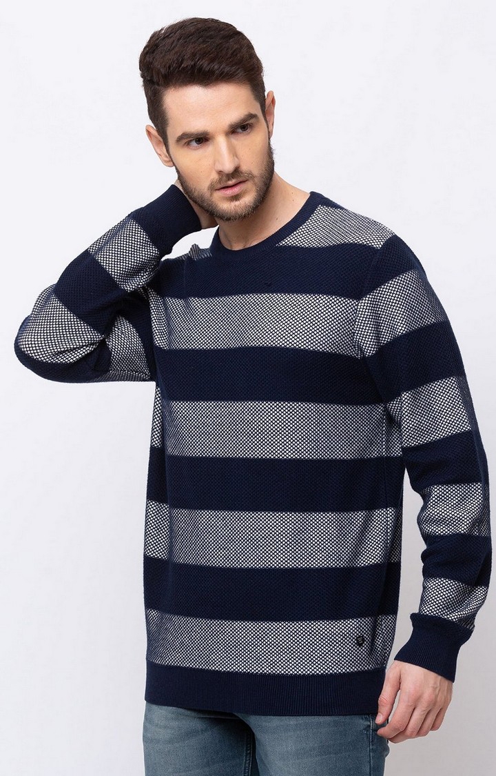 Men's Blue Cotton Striped Sweaters