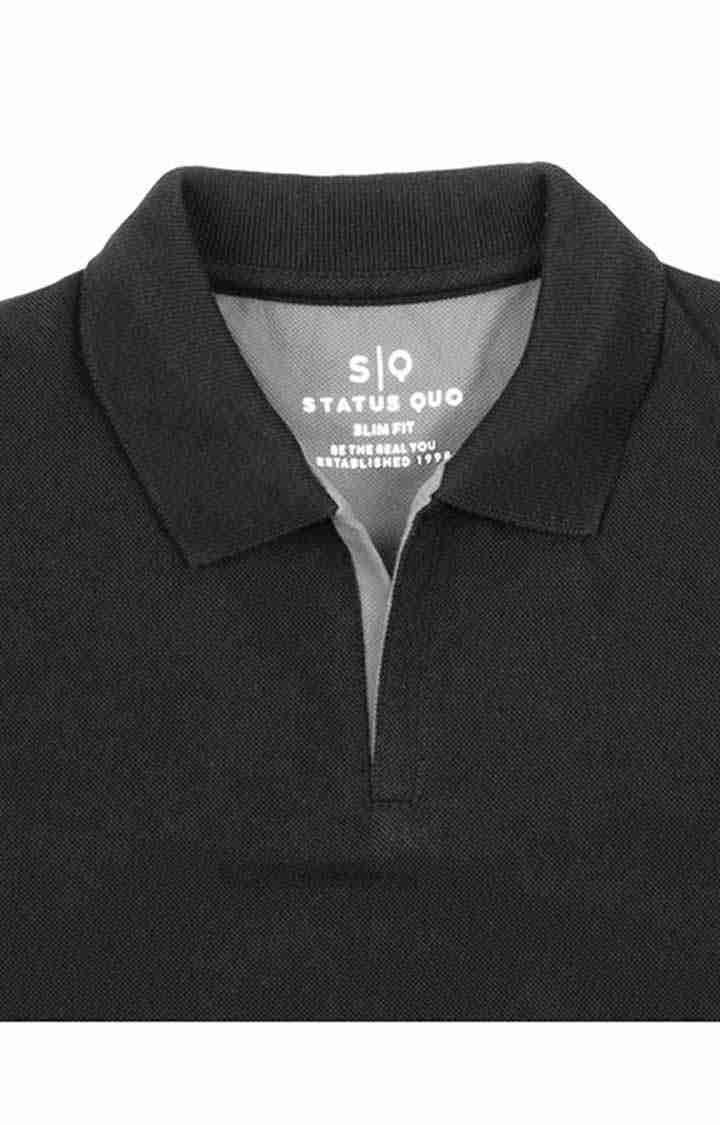 Boy's Black Cotton Solid Polos
