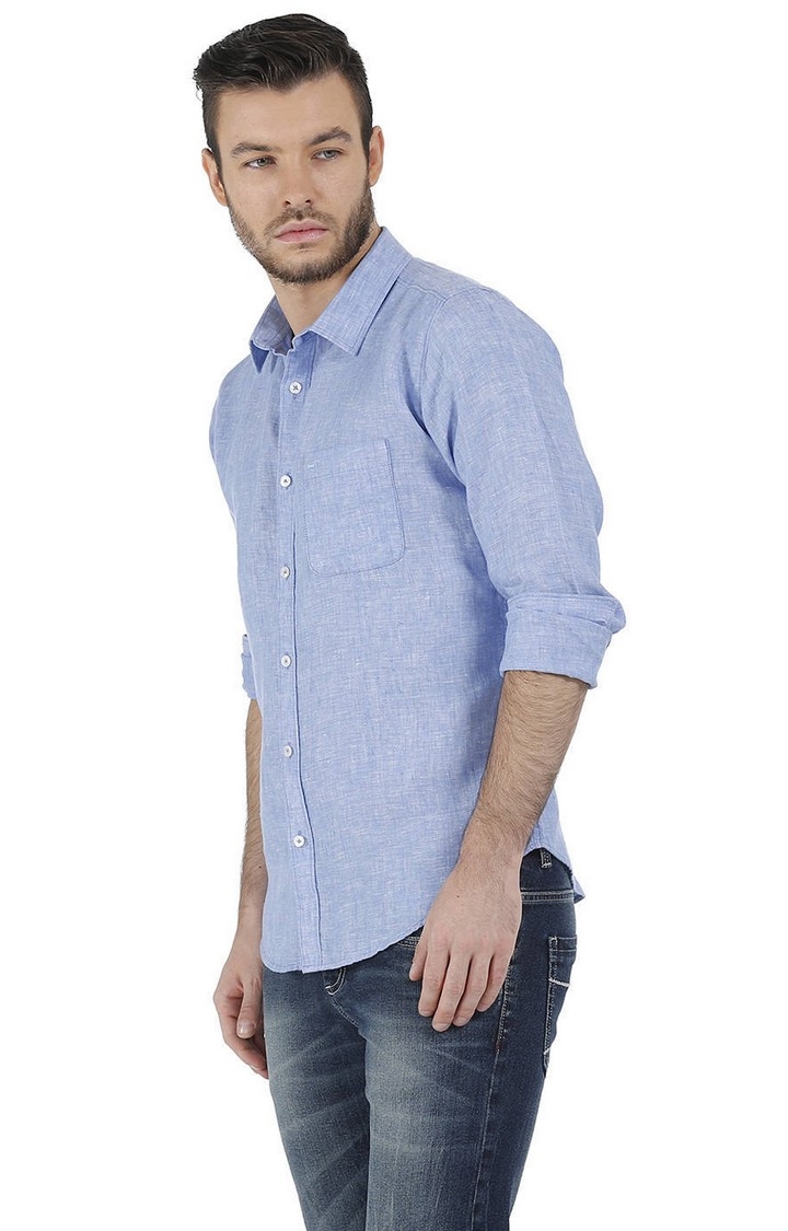 Men's Blue Linen Melange Casual Shirt