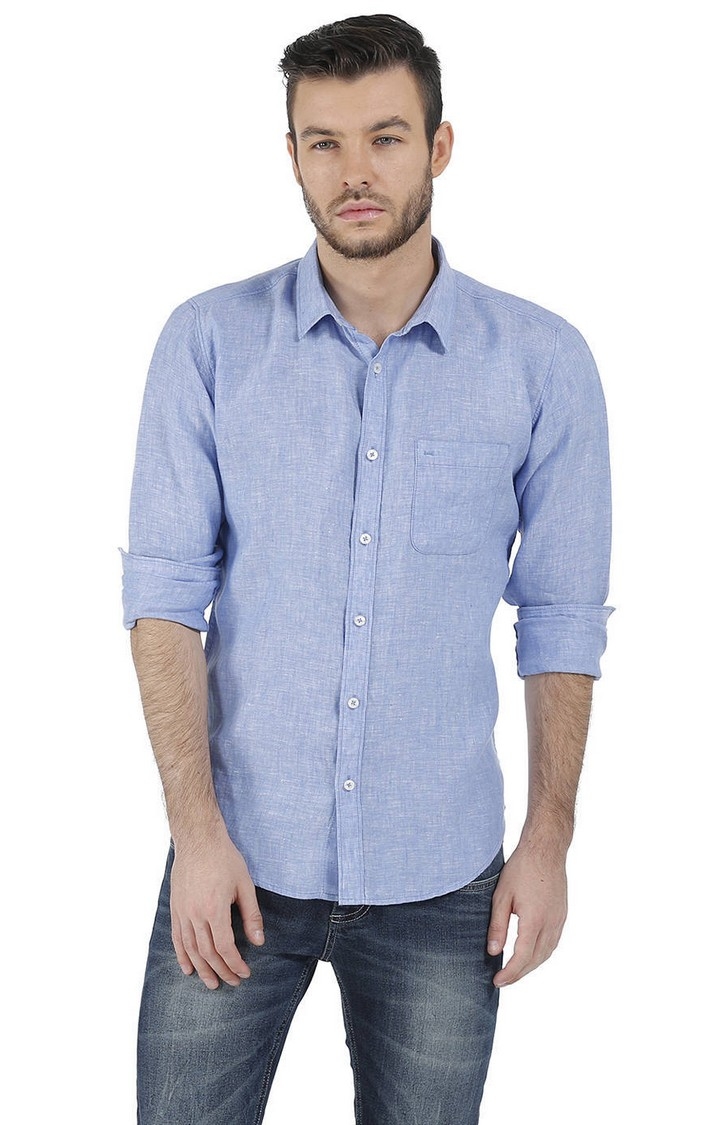 Men's Blue Linen Melange Casual Shirt