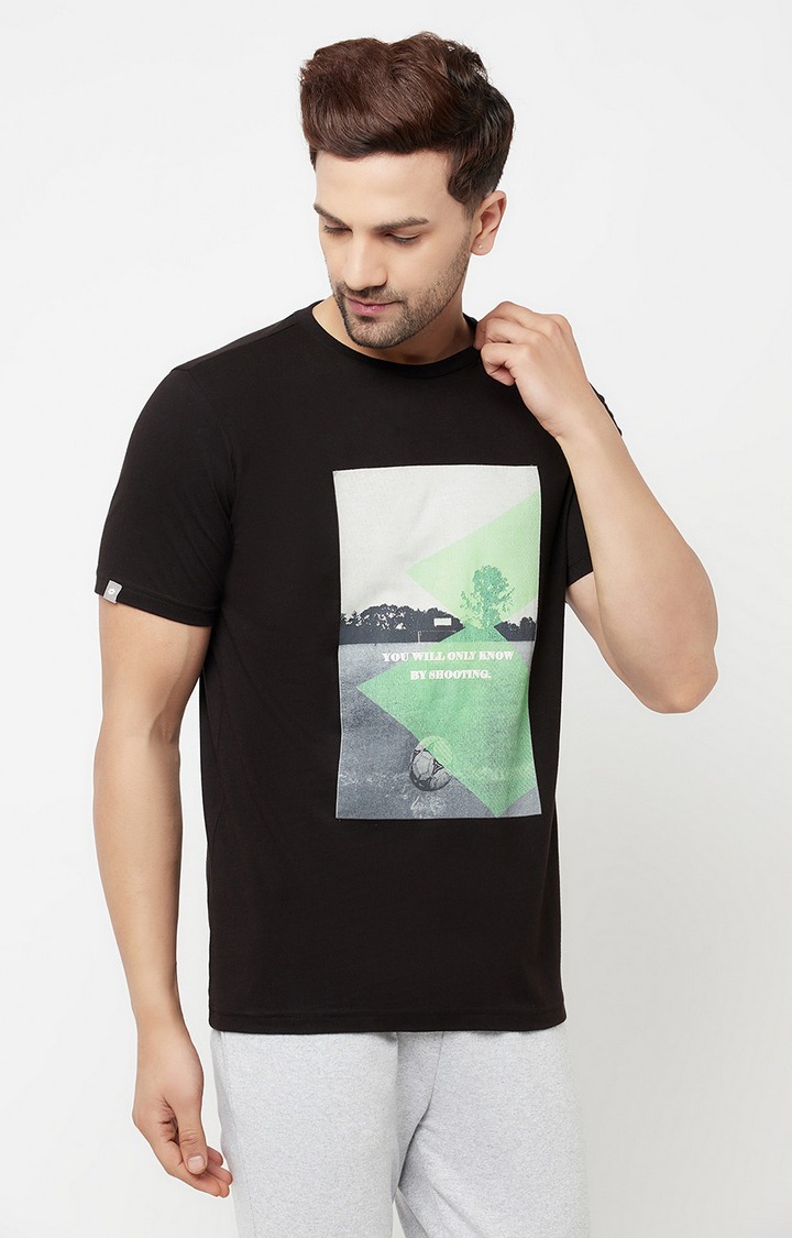 Men's Black Cotton Printed T-Shirt