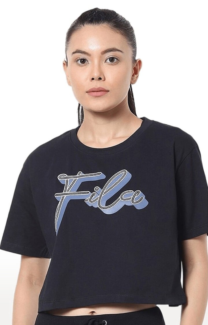 Women s Blue Cotton Crop Top FILA