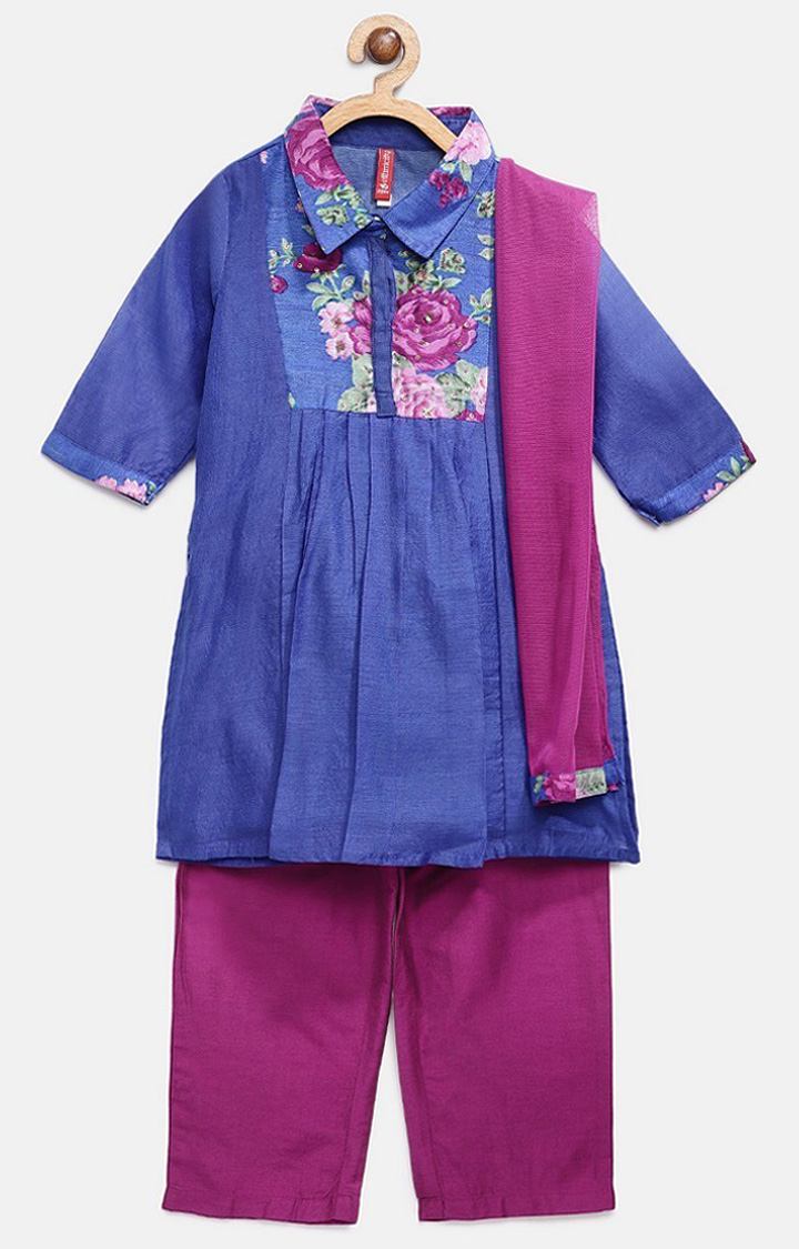 Ethnicity Royal Blue Polyester Cotton Kids Girls Skd