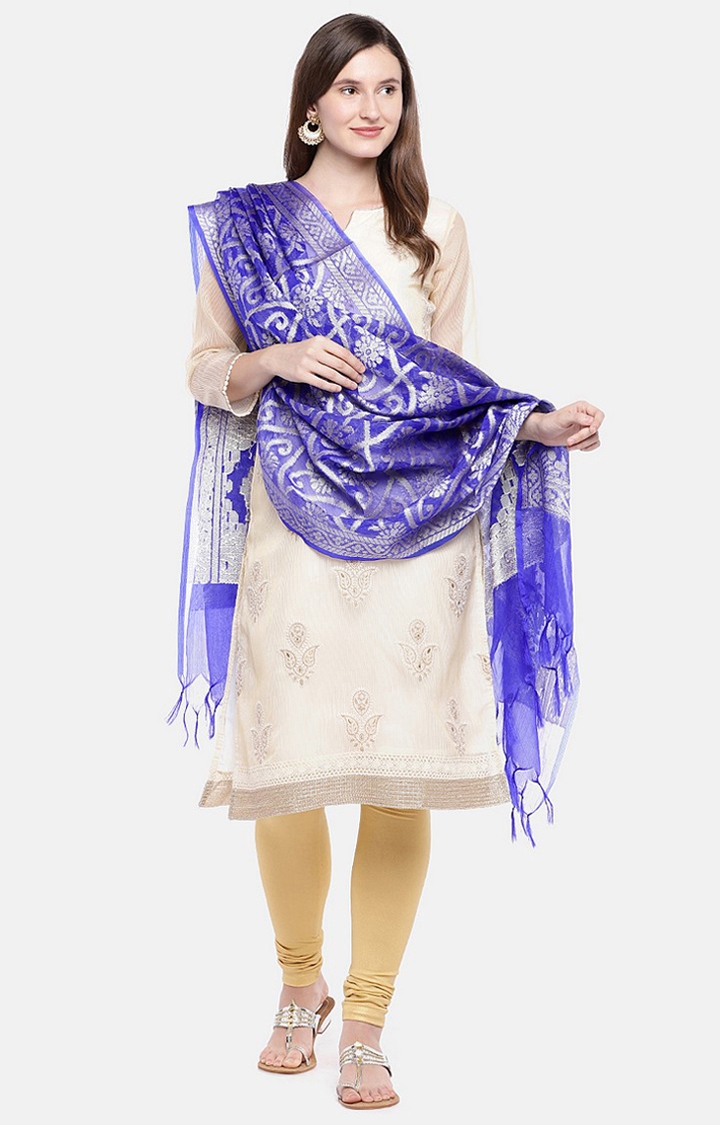 Ethnicity | Ethnicity Royal Blue Silk Women Banaras Dupatta 0