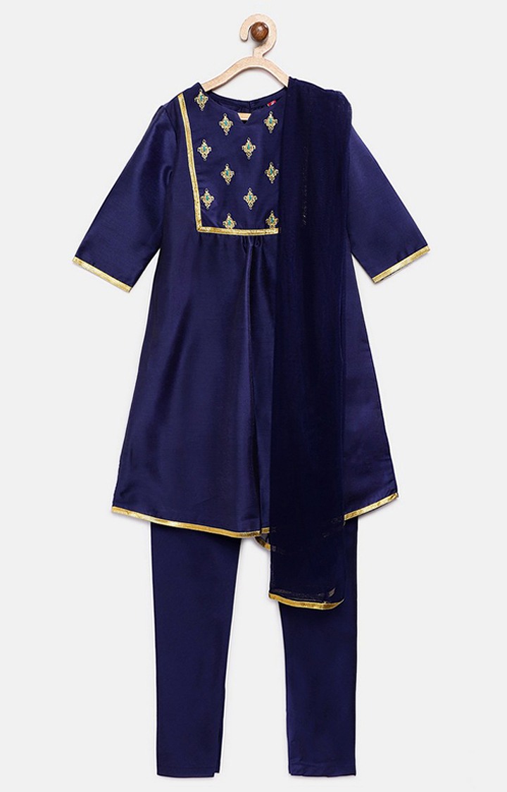 Ethnicity Royal Blue Chanderi Kids Girls Skd