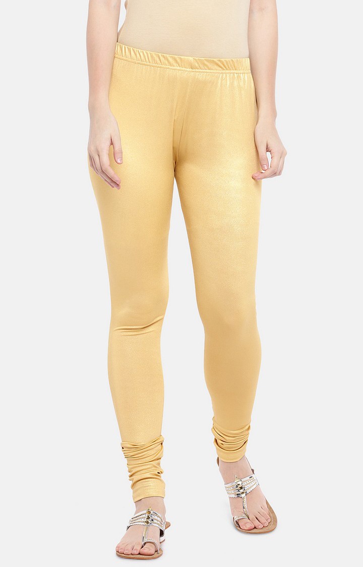 Ethnicity Lycra Churidar Women Gold Leggings