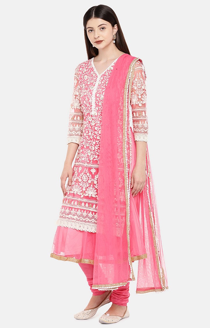 Ethnicity | Ethnicity Pink Georgette Women Salwar, Kurta & Dupatta 2