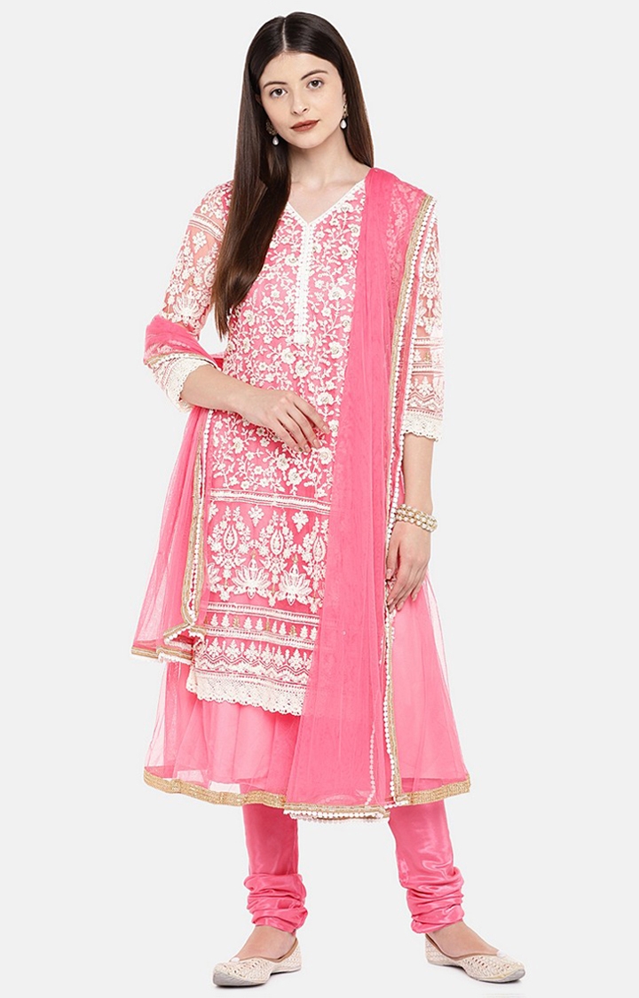 Ethnicity | Ethnicity Pink Georgette Women Salwar, Kurta & Dupatta 1
