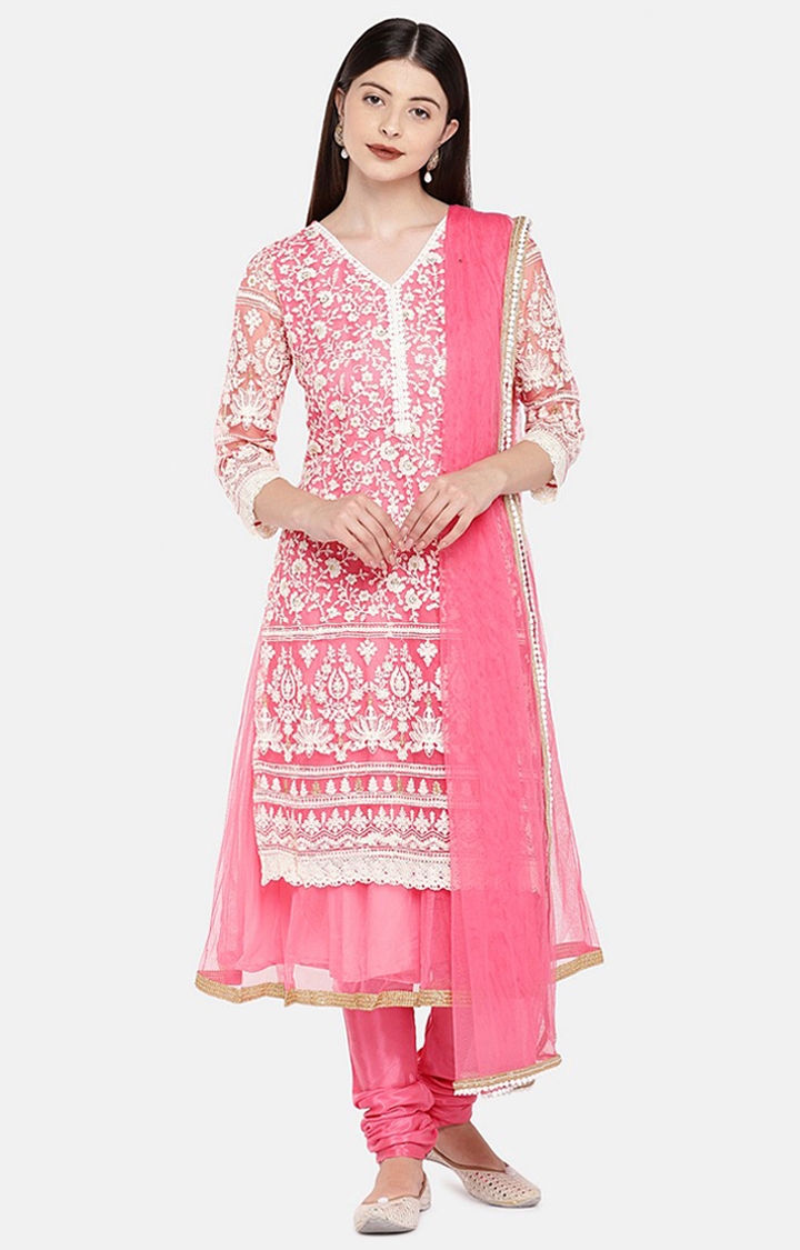 Ethnicity | Ethnicity Pink Georgette Women Salwar, Kurta & Dupatta 0