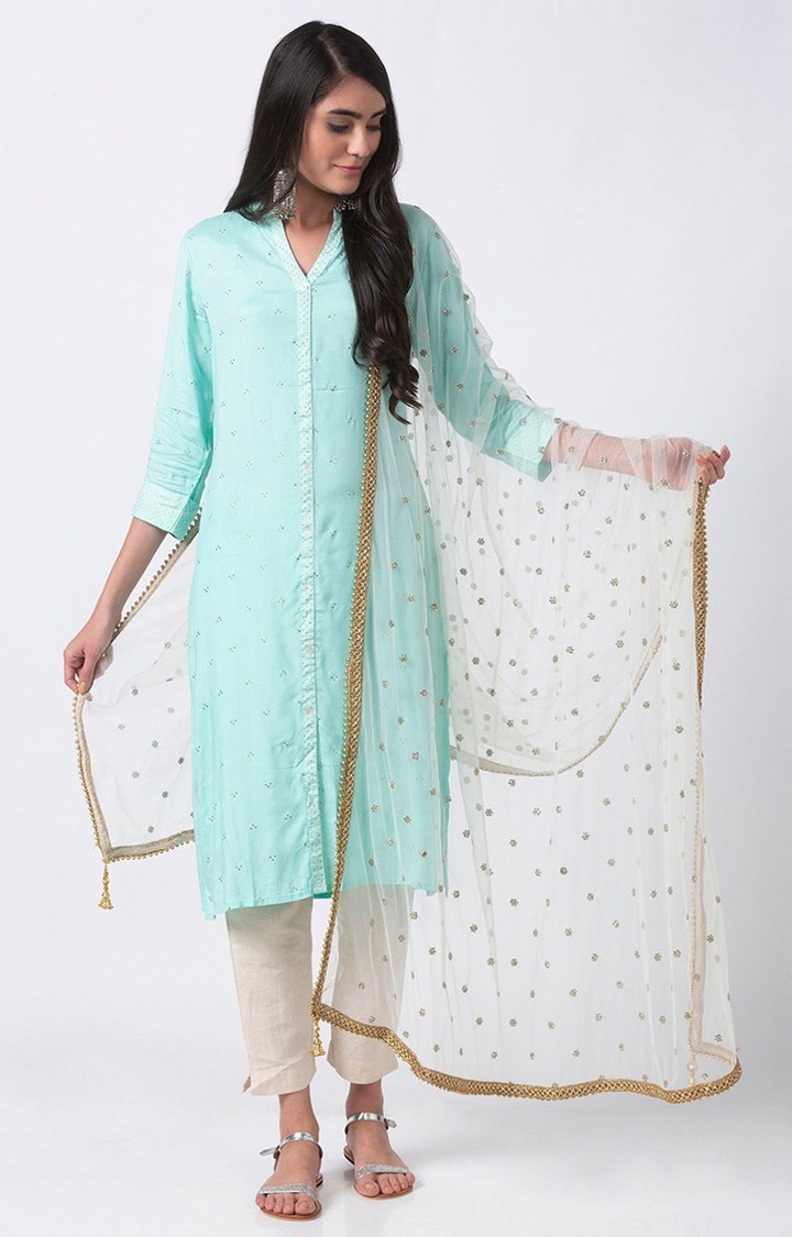 Ethnicity Off White Net Women Dupatta