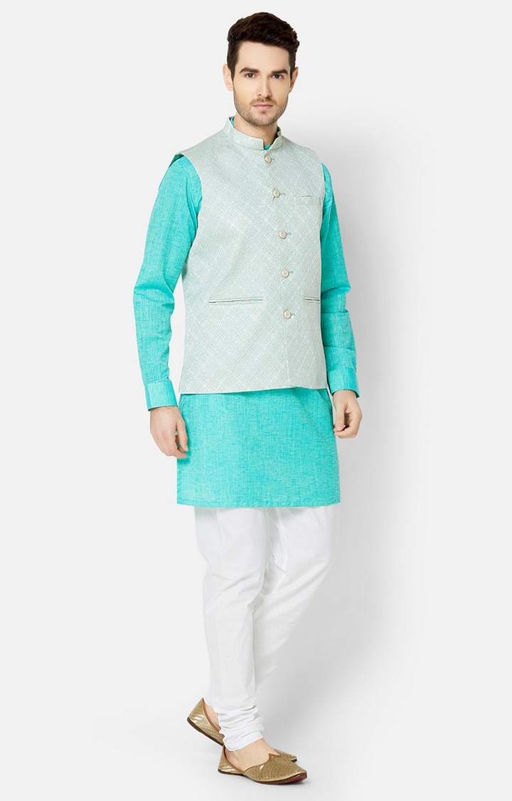 Ethnicity | Sea Green jacquard sleeveless jacket 2