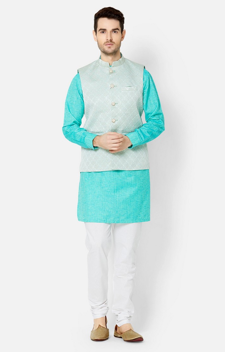 Ethnicity | Sea Green jacquard sleeveless jacket 0