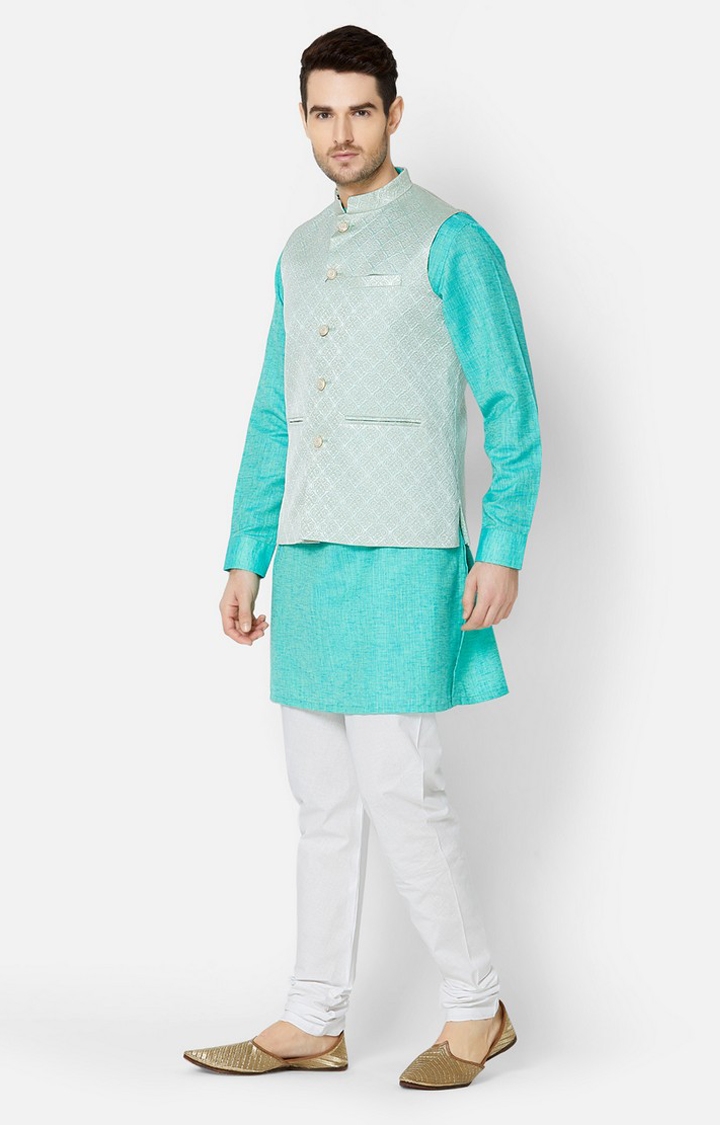 Ethnicity | Sea Green jacquard sleeveless jacket 1