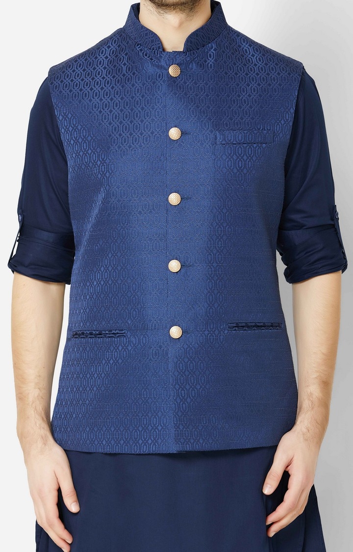 Ethnicity | Navy self textured sleeveless jacket 4