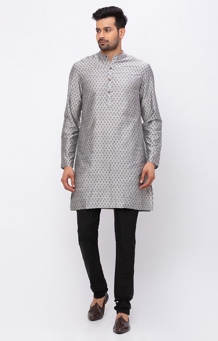 Ethnicity Art Silk Straight Full Sleeve Men Grey Kurta