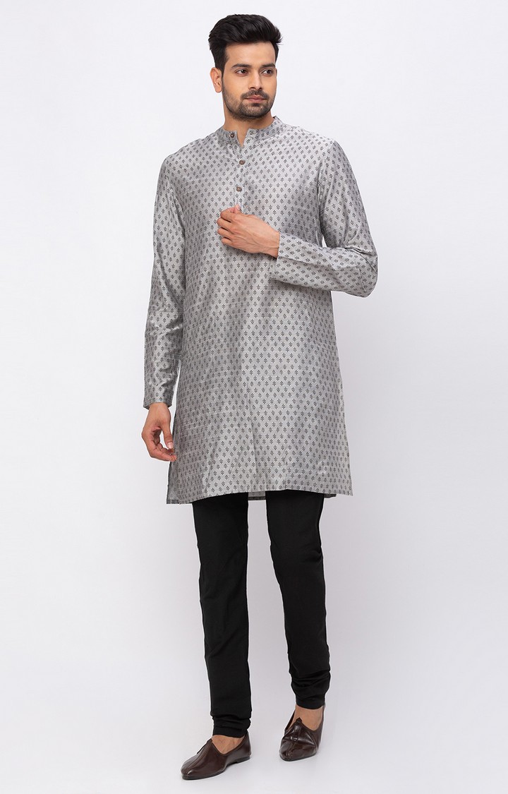 Ethnicity Art Silk Straight Full Sleeve Men Grey Kurta