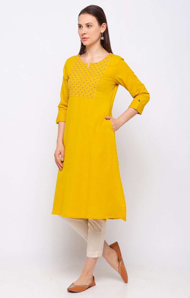 Ethnicity | Mustard Cotton Three-Fourth Fashion Women Kurta 2